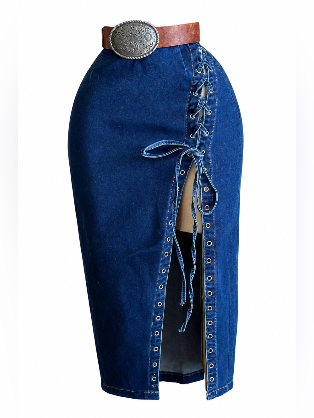 High-Waist Lace-Up Denim Midi Skirt